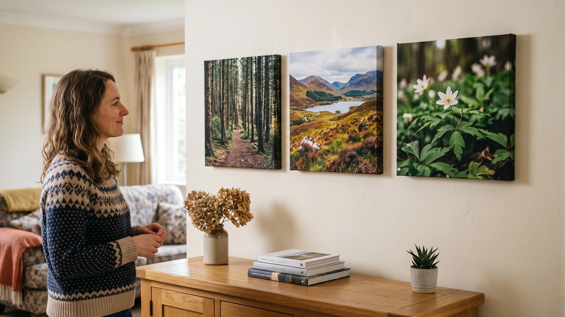 Three nature-photo canvas prints above an oak sideboard