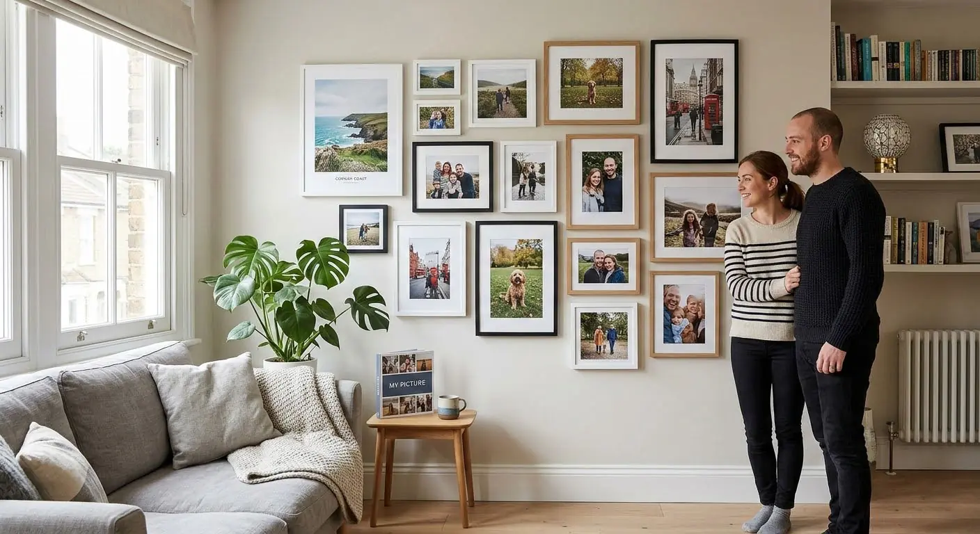 Gallery wall displaying standard photo sizes in various frames in a bright British living room with a couple admiring the arrangement