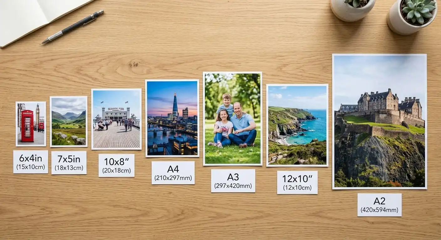 Flat-lay comparison of standard UK photo sizes from 6x4 to A3 with dimension labels on a light oak desk