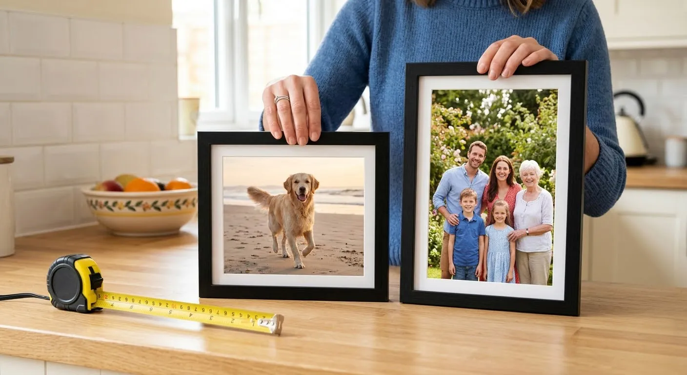 Comparing 10x8 and A4 photo frame sizes side by side with framed prints on a British kitchen counter
