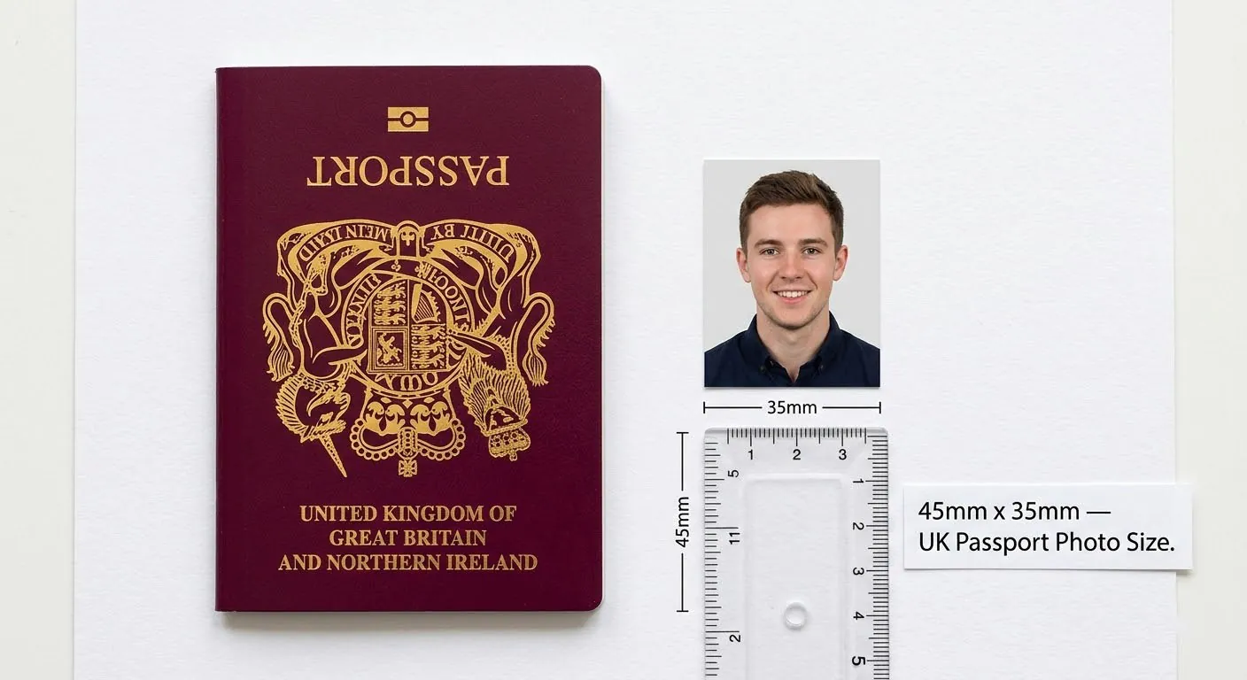UK passport with correctly sized 45x35mm passport photo and ruler showing measurements on a white surface