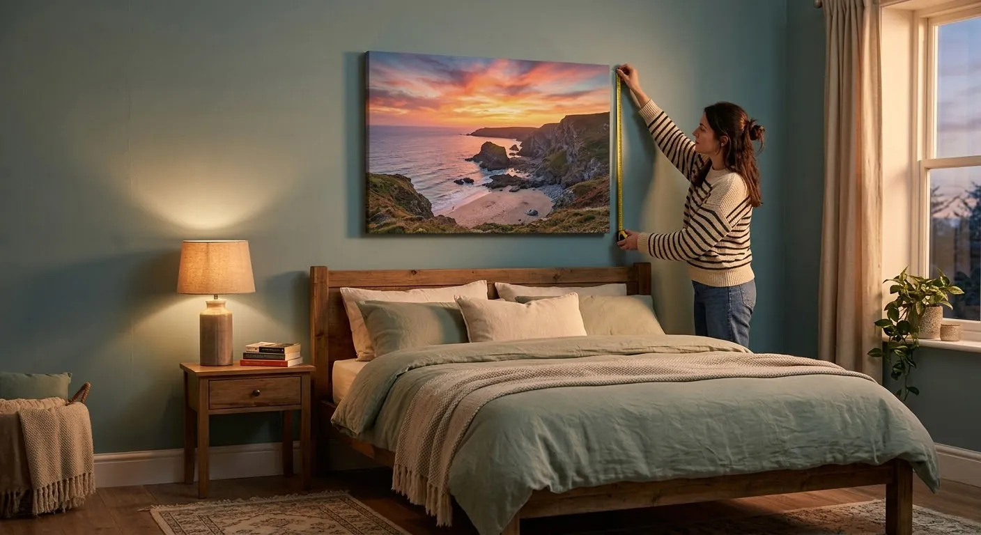 Woman measuring wall space for a 60x40 cm canvas print above a bed in a cosy British bedroom