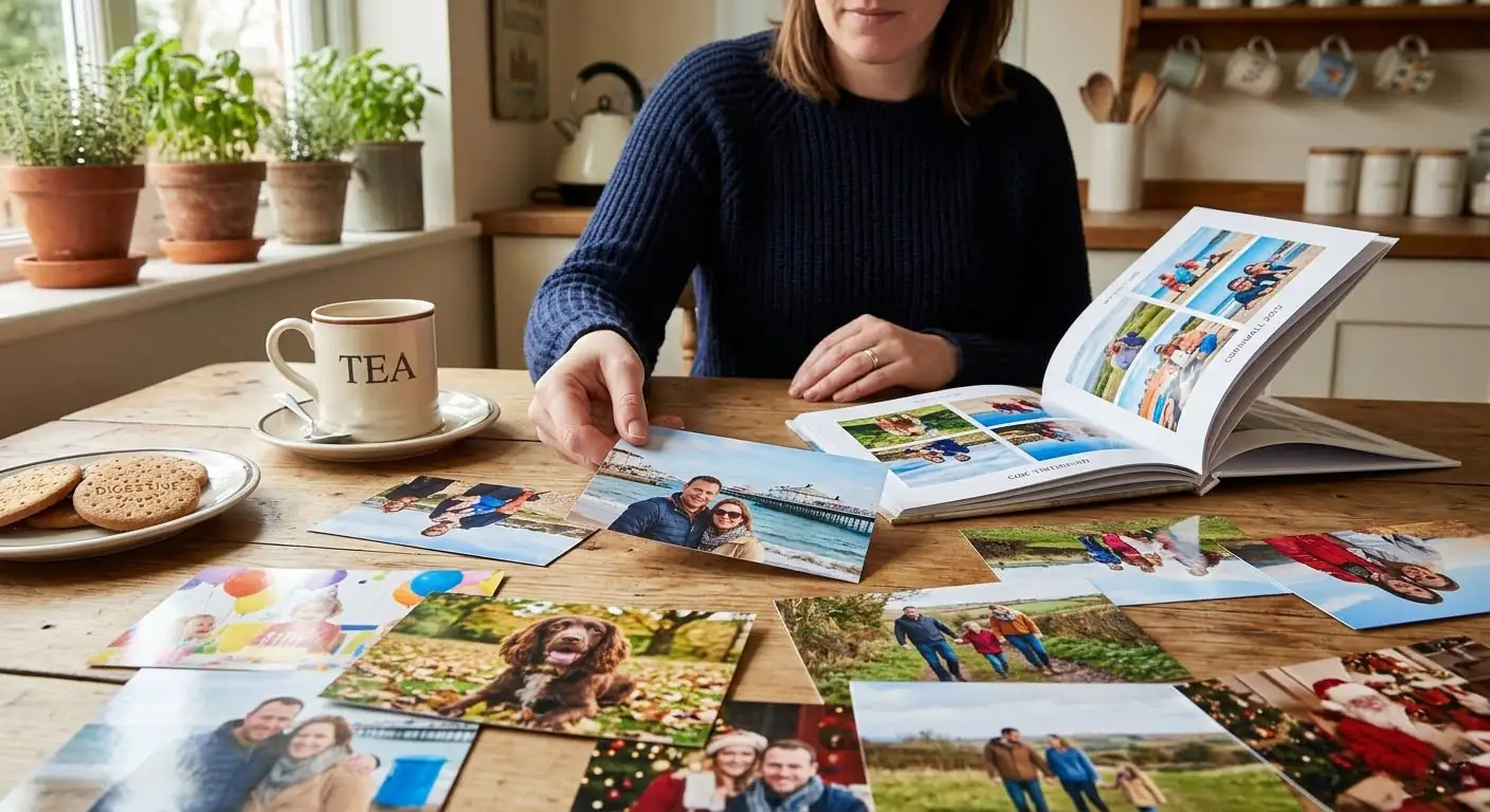 Collection of 6x4 photo prints and an open photo book on a British kitchen table with tea and biscuits
