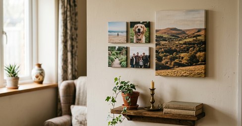 A wall of square photo tiles beside a large canvas print, comparing two ways to build a photo wall