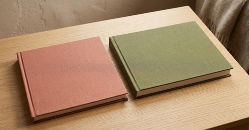 A square and a landscape photo book lying open side by side on an oak table