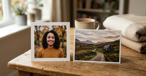 A square photo print and a rectangular photo print shown side by side to compare formats