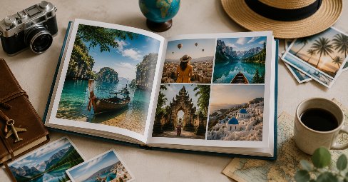 Open travel photo book showing vibrant holiday pages on a wooden table