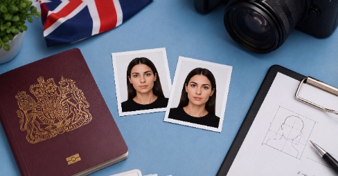 UK passport beside printed passport photos of a woman, a camera and a sheet of four passport photos