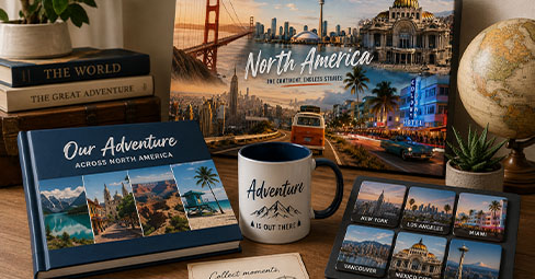 Panoramic collage of North American cities with iconic skylines, street scenes and landmarks across the USA, Canada and Mexico