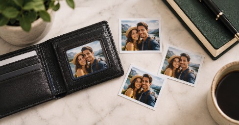 Wallet photo of two smiling children tucked into a leather wallet