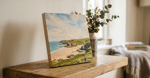 A personalised photo printed directly onto a wooden panel, the grain showing through the lighter areas