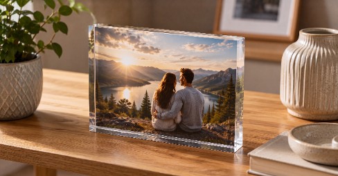 A freestanding acrylic photo block glowing with depth as light passes through its edges