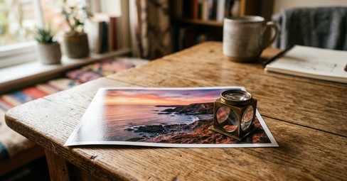 Photo prints fanned out across a wooden desk beside a brass loupe and a small sunset canvas print