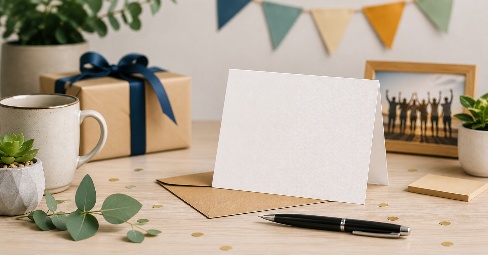 Blank leaving card on an office desk beside a wrapped gift, pen and mug, with colleagues celebrating behind