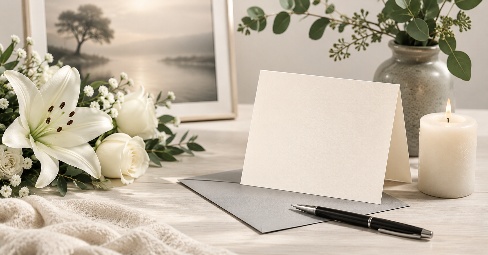 Blank folded sympathy card on a wooden table beside white lilies and roses, a lit candle and a mug