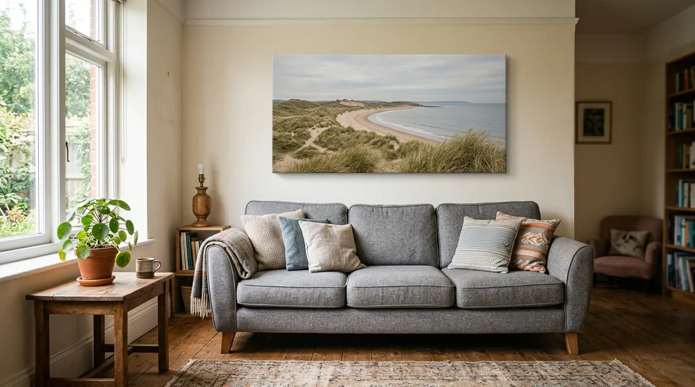 Panoramic canvas of a beach and dunes hanging above a grey sofa in a bright living room