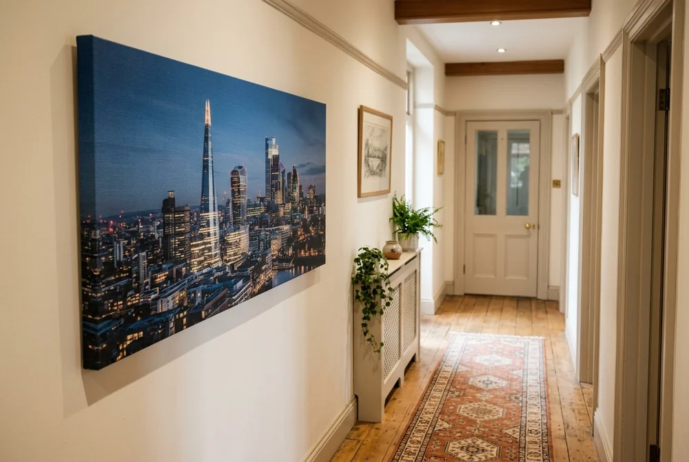 Wide panoramic canvas of a city skyline at dusk on a hallway wall