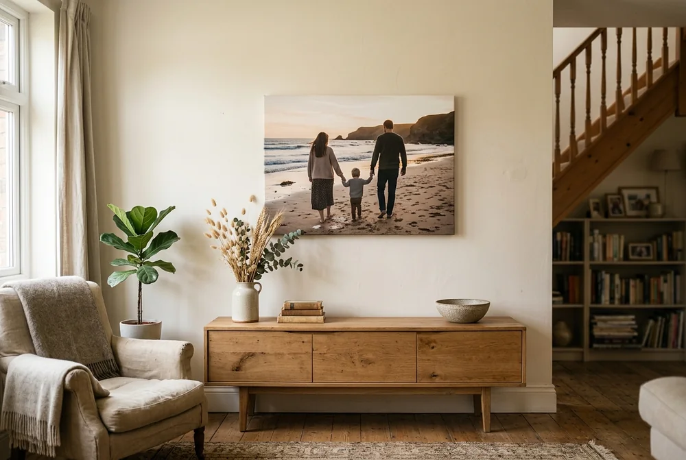 Landscape canvas of a family walking on a beach above a wooden sideboard