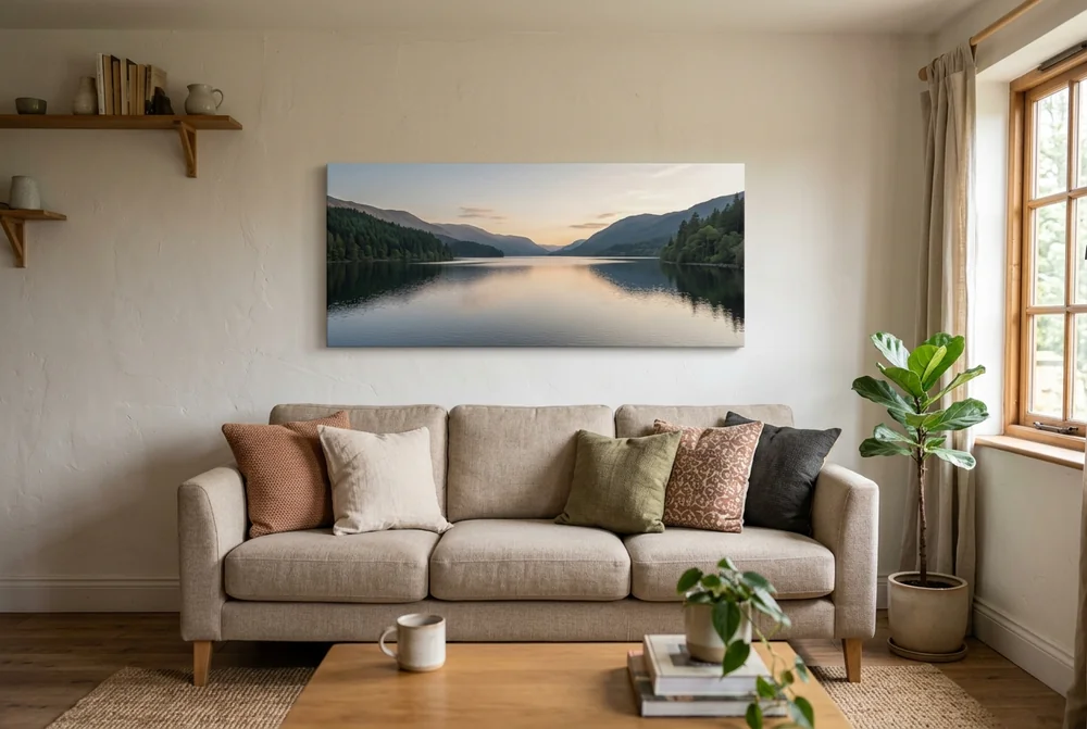 Panoramic canvas of a lake and mountains above a cream three-seater sofa