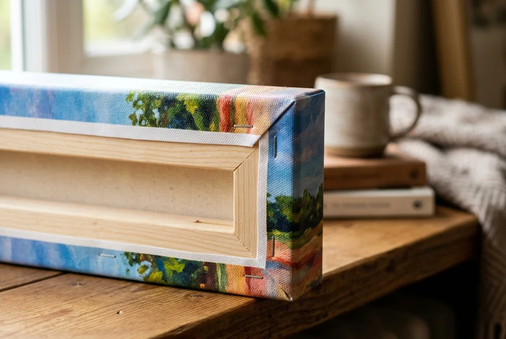 Corner of a canvas print showing the mirrored edge wrapped over the pine frame