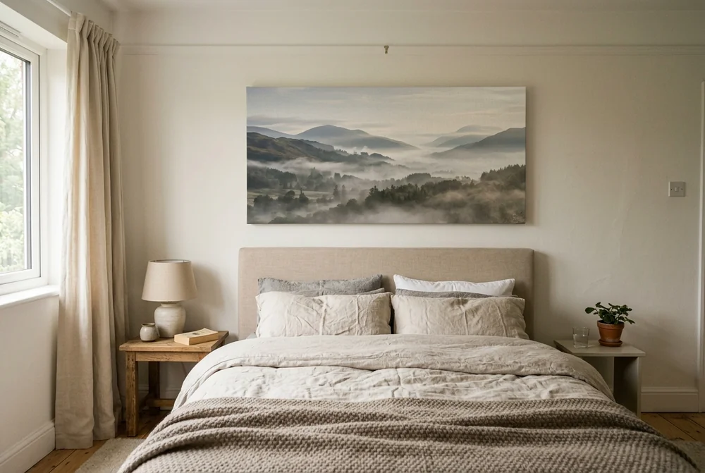 Panoramic canvas of misty hills above a made bed in a calm bedroom