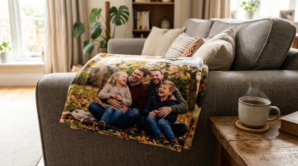 A personalised photo blanket printed with a family photo folded over the arm of a sofa