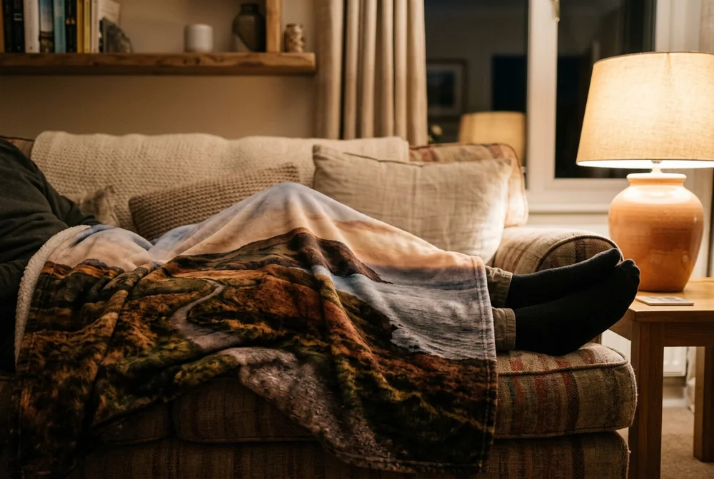A personalised photo blanket draped over a lap during a film evening at home