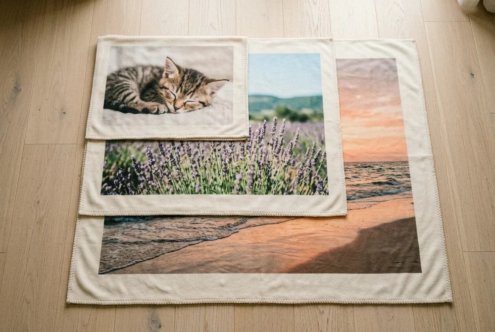 Three personalised photo blankets in different sizes laid out side by side to compare their coverage