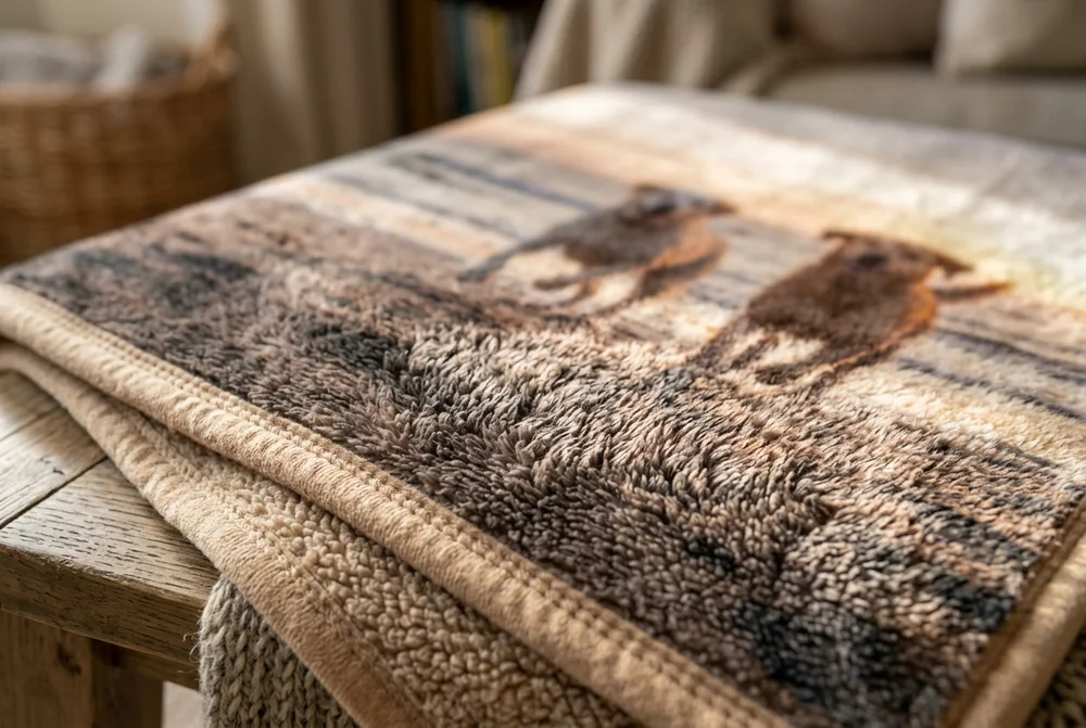 Close-up of the plush surface of a printed fleece photo blanket showing the fabric texture