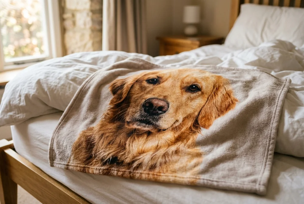 A collage-style personalised photo blanket with several photos arranged in panels