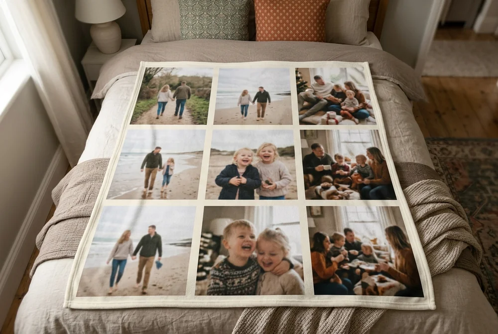 A small personalised photo blanket printed with a newborn photo and birth details in a nursery
