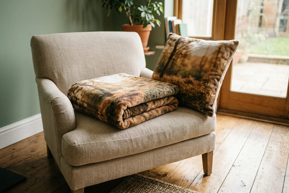 A sofa-sized personalised photo blanket spread across a two-seater sofa in a living room