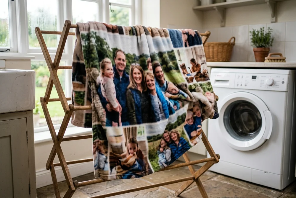 A folded personalised photo blanket beside a washing machine with a mild detergent