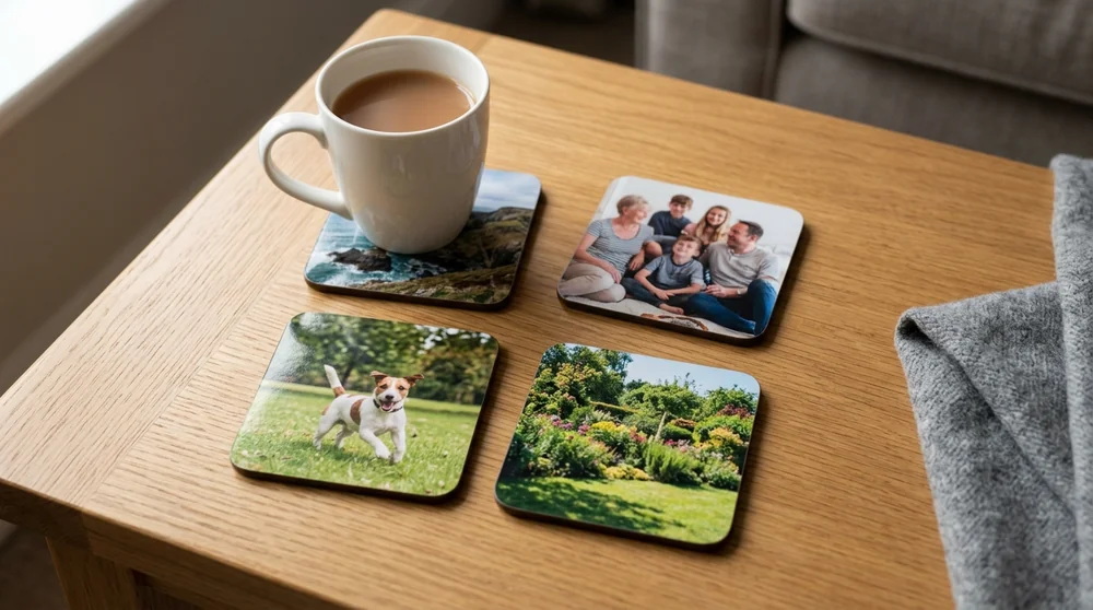 Four personalised photo coasters on an oak side table with a mug of tea on one