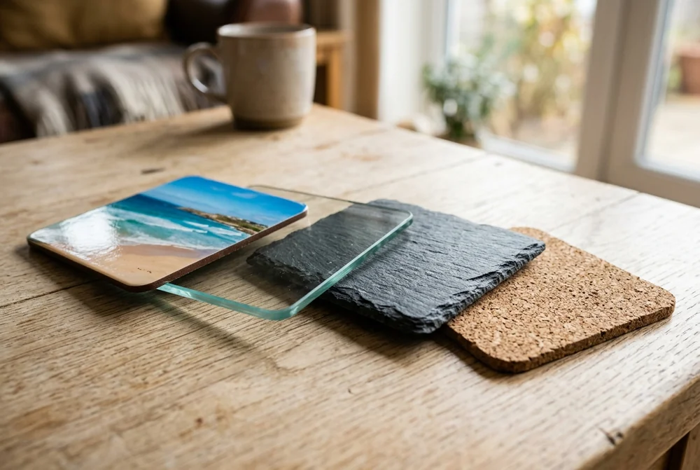Hardboard, glass, slate and cork coasters side by side on a wooden table
