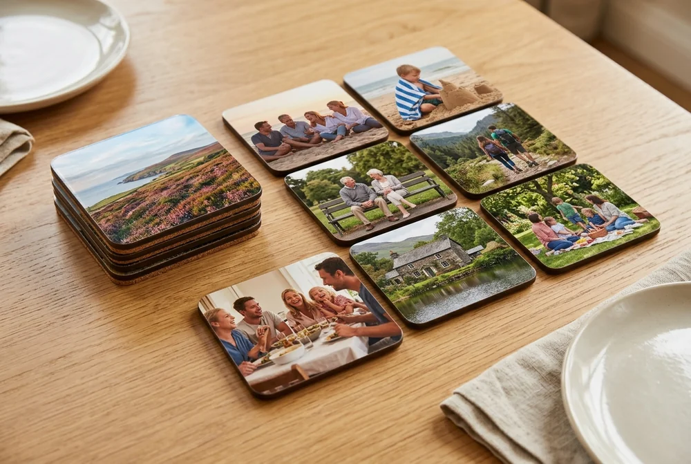 A stack of photo coasters beside a set of eight family photo coasters on a dining table