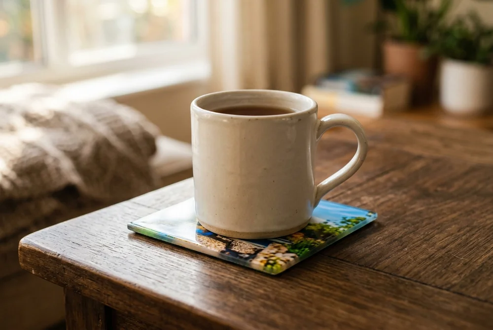 Mug of tea sitting on a photo coaster, covering the middle of the printed image
