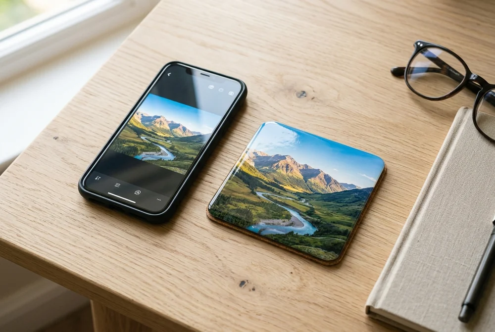 Phone showing a mountain photo next to the same photo printed on a 10 cm coaster