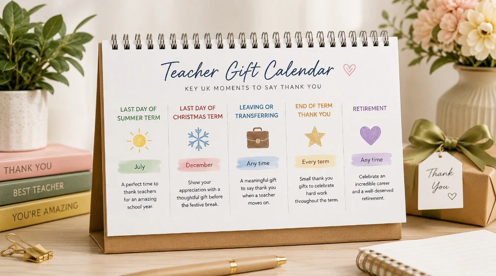 Teacher gift calendar infographic showing the key UK moments to say thank you — end of summer term, Christmas, leaving or transferring, end of term and retirement