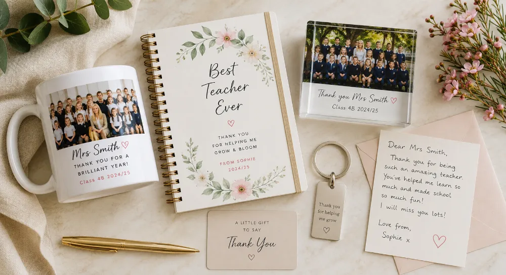 Flat-lay of personalised teacher gifts — class photo mug, Best Teacher Ever notebook, acrylic photo block, engraved keyring and a handwritten thank-you card