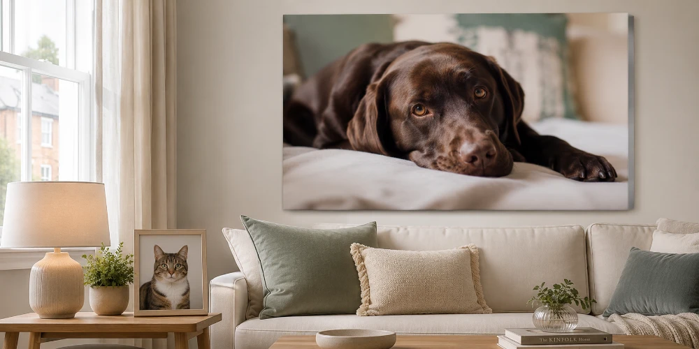 A large canvas print of a chocolate Labrador resting on a bed, hung above a cream sofa in a bright living room