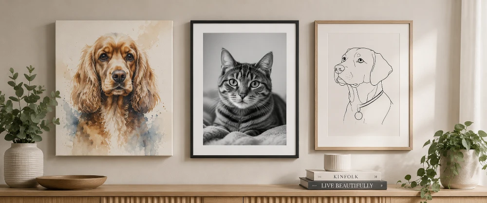 Three pet portraits side by side — a watercolour Cocker Spaniel, a black-and-white framed cat photo, and a line-drawing of a dog