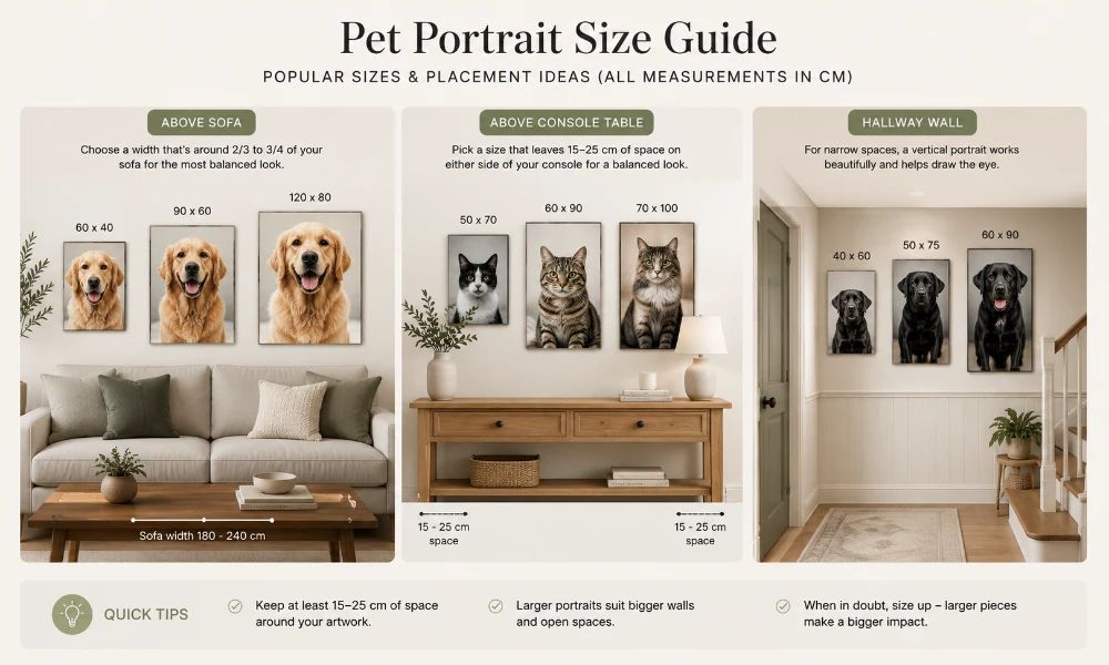 Pet portrait size guide showing recommended canvas sizes above a sofa, a console table and a hallway wall