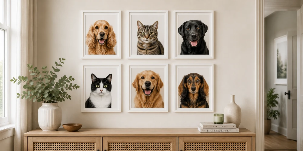 A six-piece gallery wall of framed dog and cat portraits above a wooden sideboard