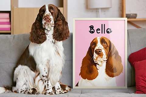 Springer Spaniel beside a framed personalised pet portrait on a sofa