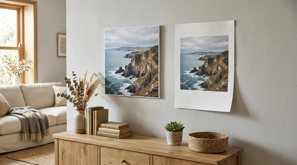 A photo board and a bare poster of the same cliff scene hung above a wooden sideboard