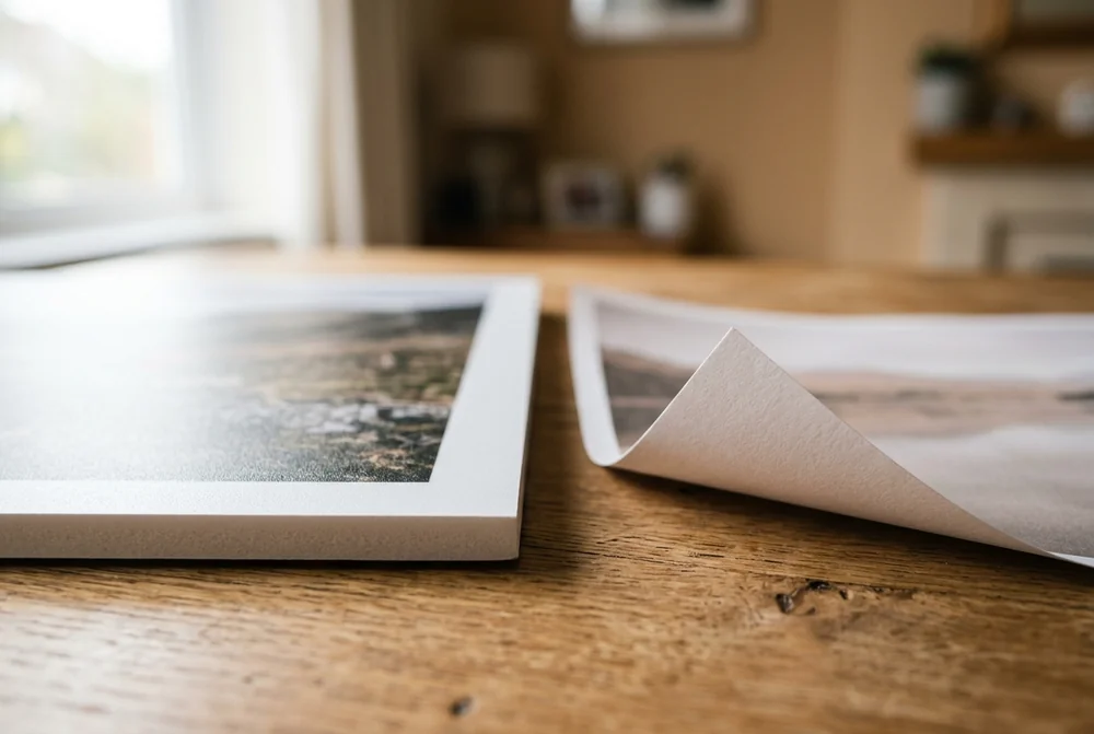 Close-up of a photo board's rigid white edge beside the curled corner of a paper poster