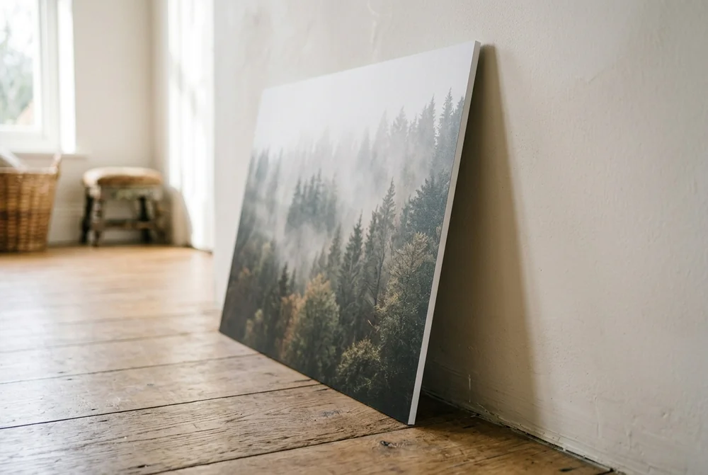 A landscape photo board print leaning against a wall, showing its 5mm white foam edge