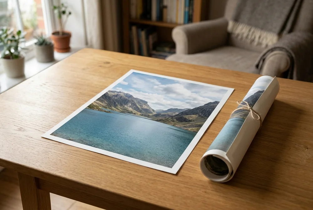 A matte photo poster of a mountain lake on a table beside a second poster rolled up