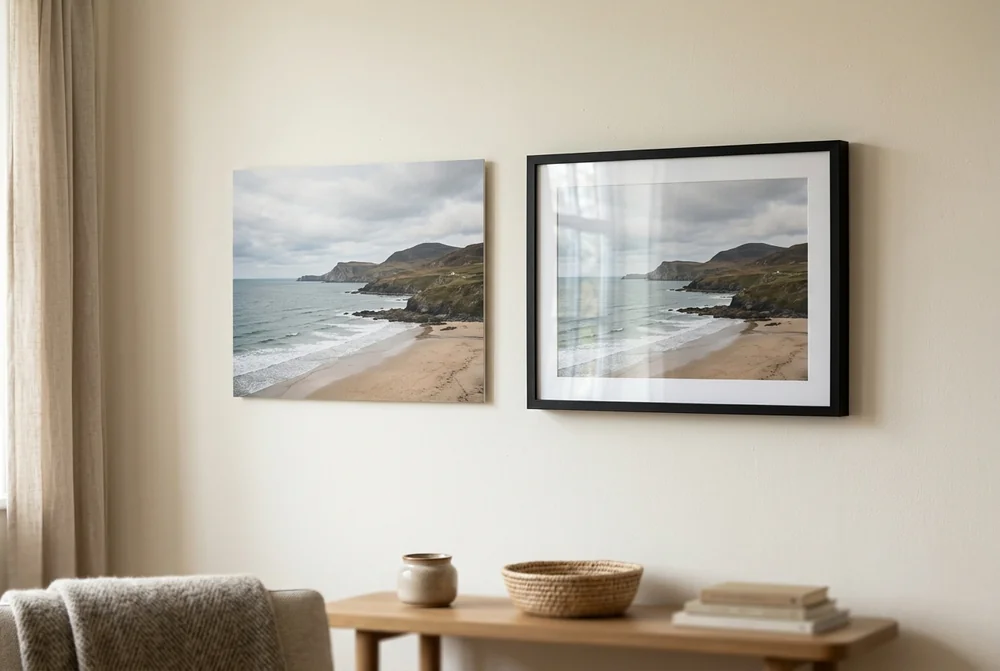 The same beach photo shown as a bare photo board and as a framed print behind glass
